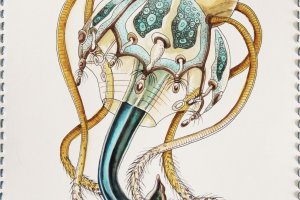 Plancton avec tentacules - dessin à l'encre, aquarelle et ficelle bleue