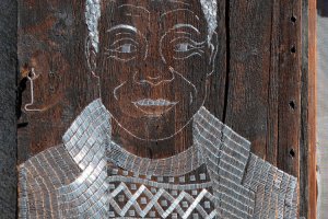 Sasha Huber (*1975). The Firsts - James Baldwin (1924-1987), 2018 Staples on shutters at Berg Hüsli, Leukerbad, Switzerland, 49 x 69 cm, private collection Photograph: Siro Micheroli