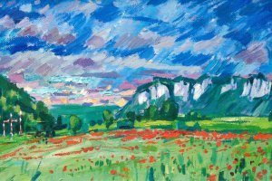 Hans Bucher, Donautal bei Hausen, o. J., Öl auf Leinwand, 40 x 70 cm. © Hans Bucher Stiftung, Fridingen.