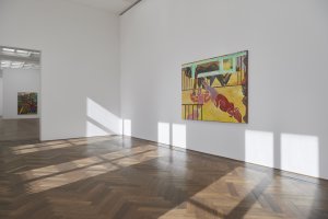 Installation view, Michael Armitage, "You, Who Are Still Alive," Kunsthalle Basel, 2022, view on, "Mother’s Milk," 2022. Photo: Philipp Hänger / Kunsthalle Basel
