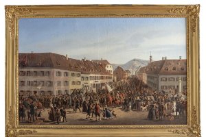 Ölgemälde von Friedrich Kaiser vom Einzug der Freischärler in Lörrach im September 1848