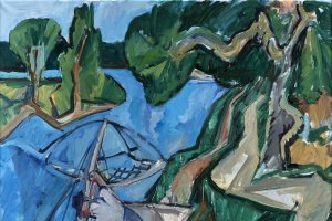 Ölgemälde Fischer am Rhein von Karl GErstner, Sammlung DLM