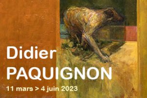 Visuel de l'exposition Didier Paquignon, peinture d'un chien errant dans un environnement jaune