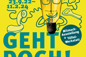 Gelbes Plakat mit dem Titel und der Laufzeit zur Ausstellung "Geht Doch!"
