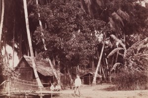 Schwarzweiss-Foto von Sidney W. Brown mit zwei Einheimischen, Indonesien 1888