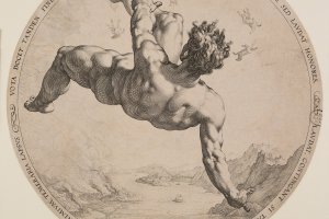 Zeichnung eines Mannes, nackt, rückwärts vom Himmel fallend 