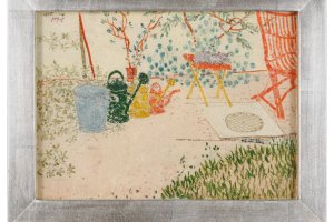 Paul Klee (1879 − 1940) Gartenscene (Gießkannen, e. Katze, e. roter Stuhl), 1905, 24 Hinterglasmalerei, Aquarell; rekonstru-ierter Rahmen 13 x 18 cm Zentrum Paul Klee, Bern, Schenkung Livia Klee