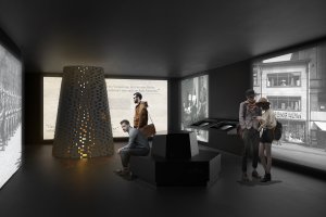 Blick in die Ausstellung - In der Mitte ist eine große Feuerseule arrangiert, in der die Bücherverbrennung stattfindet. Daneben große Leinwände mit aufmarschierenden Nazitruppen.