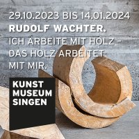 Wooden sculpture of Rudolf Wachter in front of a concrete wall, photo: Paul Königer, © Nachlass Rudolf Wachter