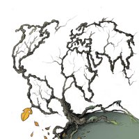 Un arbre qui perd ses dernières feuilles enraciné sur le globe terrestre dessiné par Phil Umbdenstock