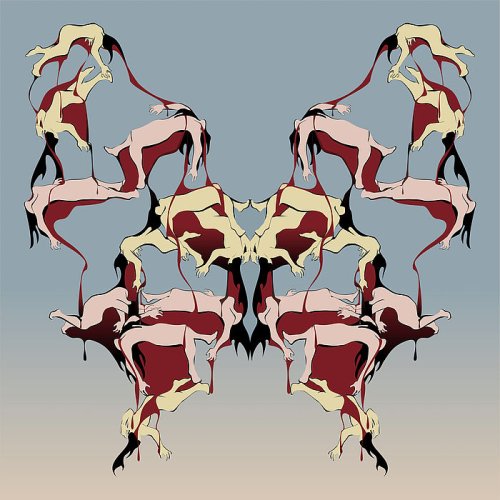 Zu sehen ist ein Kunstwerk von Parastou Forouhar auf welchem viele, abstrakt dargestellte Menschenkörper durch Verbindung ihrer Körperteile und roter Farbe, den Umriss eines Schmetterlings bilden. Dieser erscheint vor einem hellen Hintergrund.