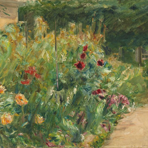 Max Liebermann, Blumenstauden am Gärtnerhäuschen nach Osten, 1923, Öl auf Leinwand, 55,5 x 75,5 cm, Privatsammlung