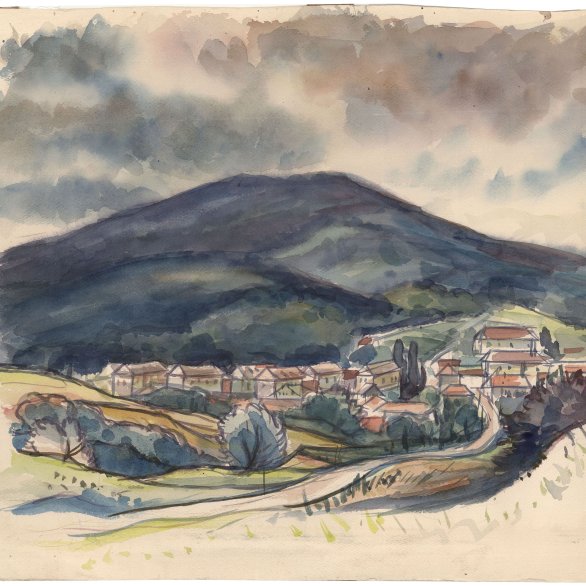 Kohlezeichnung von Otto A. Braun aus dem Jahr 1963 mit Blick auf die Errichtung des Kurmittelhauses im Baden-Badener Bäderviertel