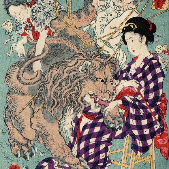 Kawanabe Kyosei: Die Liebe eines Löwen zu einer jungen Frau, nach einer Fabel von Aesop, 1874, Oban, Nr. 6 der Kyosai Rakuga