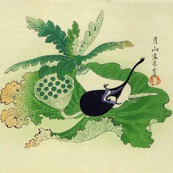 Kawanabe Kyosei: Stilleben aus Aubergine, Rettich und Lotos, Glückssymbole zu Neujahr