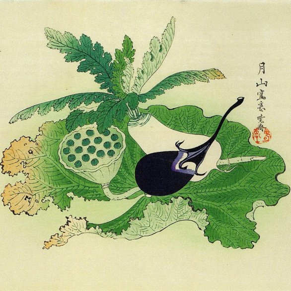 Kawanabe Kyosei: Stilleben aus Aubergine, Rettich und Lotos, Glückssymbole zu Neujahr