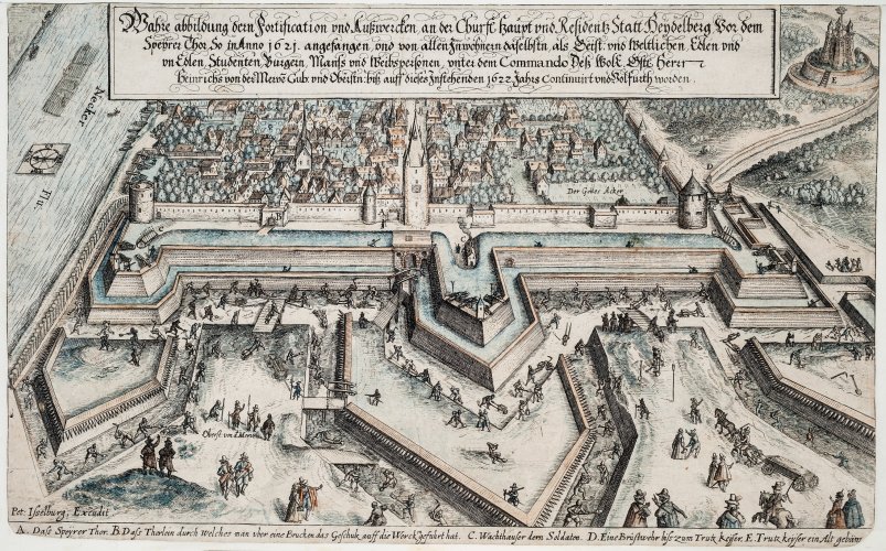 Befestigungsanlage Heidelbergs, errichtet in den Jahren 1621/22, kolorierte Radierung von Wilhelm Peter Zimmermann, 1622 (Original und Digitalisat: Kurpfälzisches Museum)