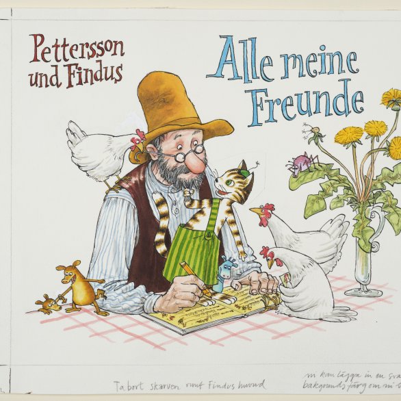 Illustration von „Pettersson und Findus“: Pettersson sitzt am Tisch, schreibt in ein Buch, während Kater Findus, Hühner und weitere kleine Figuren um ihn herum sind.
