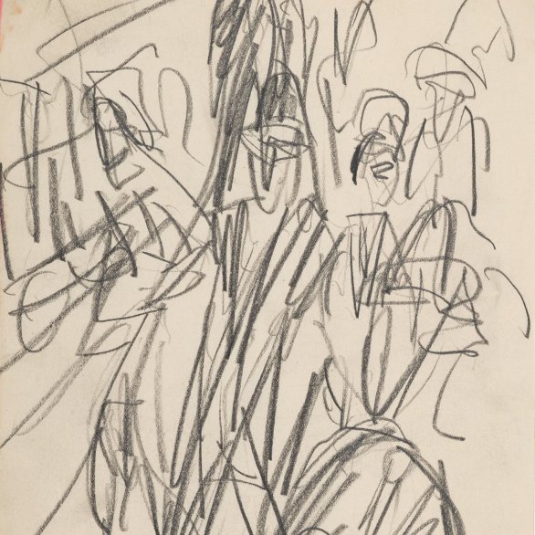 Expressionistische Zeichnung von Ernst Ludwig Kirchner, das eine belebte Berliner Straßenszene um 1914 mit fließenden Linien, kräftigen Farben und stilisierten Figuren in bewegter Großstadtdarstellung zeigt.