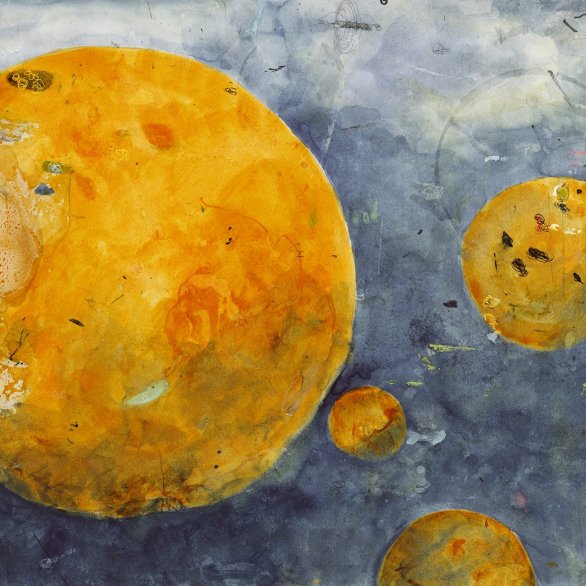 Man sieht mehrere orangene Kreise auf einem blauen Hintergrund. Das Bild ist in Aquarellfarben gemalt und erinnert an das Weltall, Wasser oder Orangen.