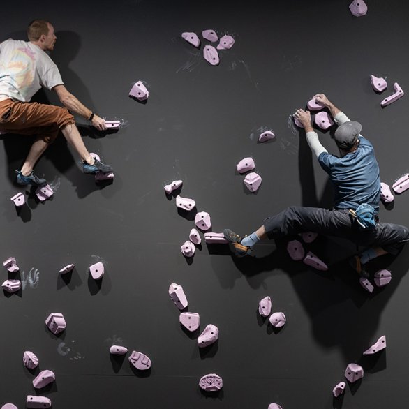 Das Bild zeigt das Kunstwerk "Free Solo" des Künstlerduos Özlem Günyol und Mustafa Kunt. Zu sehen ist eine Kletterwand mit mehreren Personen.