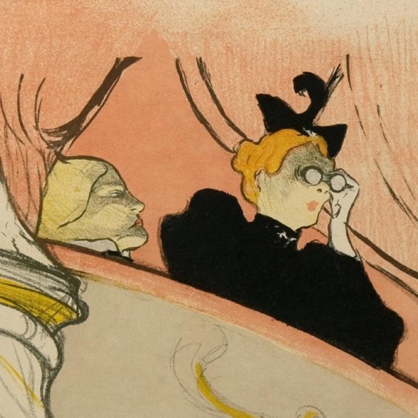 Das Bild zeigt eine Grafik des Künstlers Henri de Toulouse-Lautrec. Eine Frau im schawrzen Klein, mit blonden Haaren und einem schwarzen Kopfschmuck blinkt durch ein Fernglas. Man sieht die Frau aus der Froschperspektive. Der Betrachter blickt von unten nach oben. Die Frau befindet sich auf einem Opernbalkon. Hinter ihr werden mit schwarzen Linien dicke Vorhänge angedeutet.
