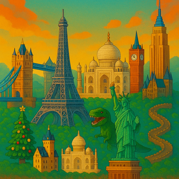 Bild zeigt spielerisch die Bauwerke, die aus Klemmbausteinen in der Ausstellung umgesetzt werden.