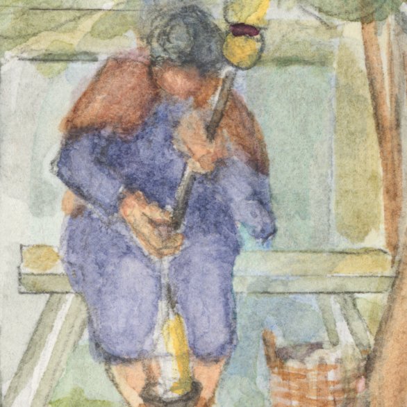 Ausschnitt aus der Panoramawand: Frau mit Handspindel