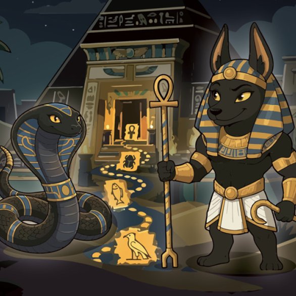 Schlange und Anubis vor ägyptischer Pyramide mit Rätselpfad