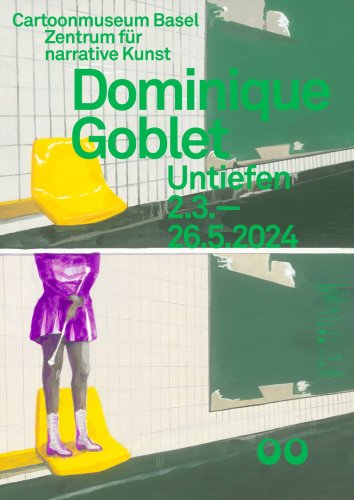 Plakat für Ausstellung Dominique Goblet, Person in lila Kleid steht auf gelbem Plastikstuhl in U-Bahn-Station