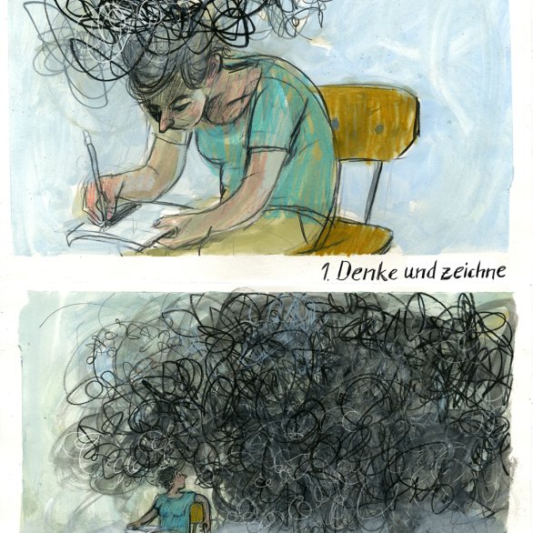 Frau zeichnet mit rauchendem Kopf