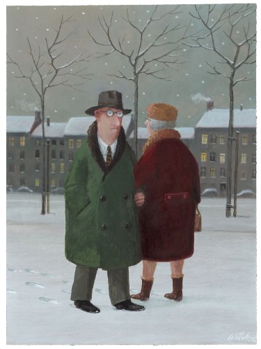 Man and woman walking in snowy landscape; buildings in the backround