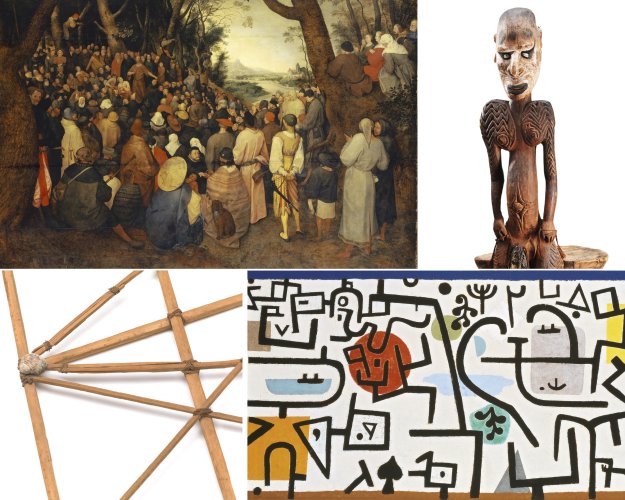 Die Collage besteht aus zwei Bildern und zwei Objekten. Links oben ist ein BIld mit vielen Menschen in einem Wald zu sehen. Rechts davon eine Holzfigur. Unten links ist ein Teil einer Stabkarte aus Bambus zu sehen und daneben ein Bild von Paul Klee mit ähnlichen Strichen.