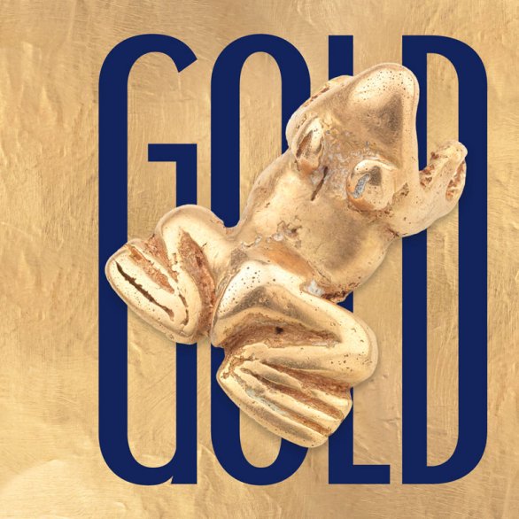 goldener Frosch auf Schriftzug in Blau "Gold" auf goldenem Hintergrund