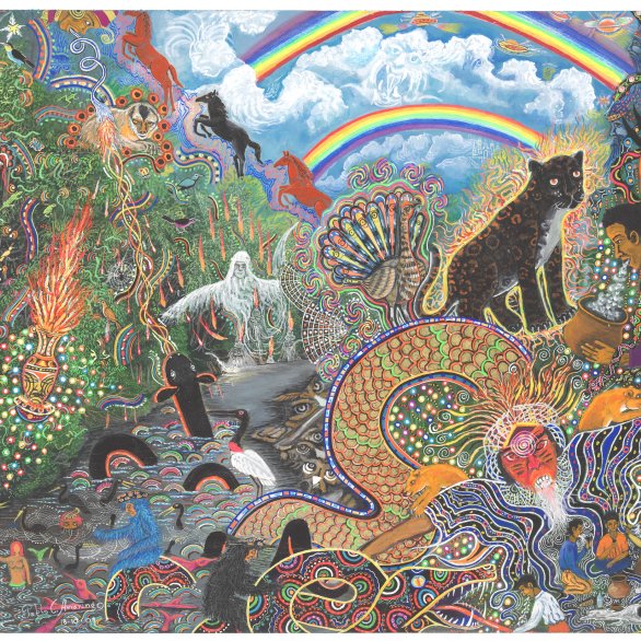 Titelbild der Ausstellung - gezeichnete Fantasiewelt mit Fabelwesen, Menschen, schwarzem Panther, Regenbögen