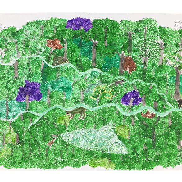 Bild eines Waldes, in dem vereinzelte Bäume violett und rötlich blühen und in dem sich Tiere verstecken.