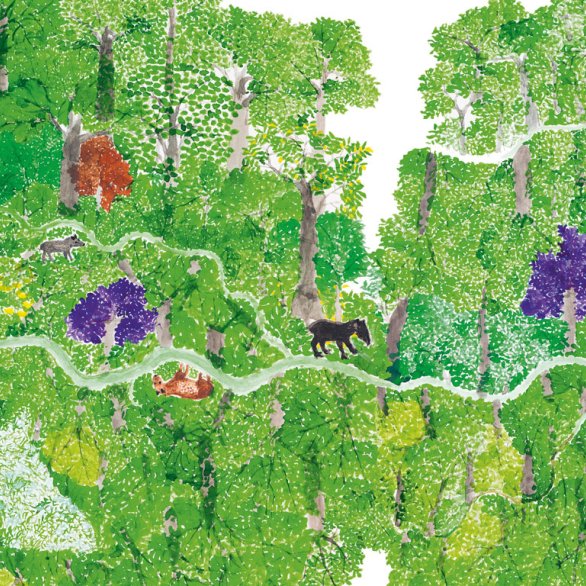 Bild von Abel Rodriguez. Gemalter, Wald mit viel Grün, zwei lila und zwei roten Bäumen. In der Mitte ein Tier auf einem Weg.