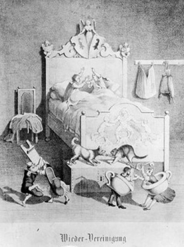 Karikatur eines Ehebetts mit streitenden Paaren, darunter der Titel "Wieder-Vereinigung"