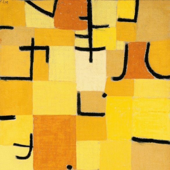 Paul Klee, Zeichen in Gelb, 1937, 210 (U 10), Pastell auf Baumwolle auf Kleisterfarbe auf Jute auf Keilrahmen, 83,5 x 50,3 cm, Fondation Beyeler, Riehen/Basel, Sammlung Beyeler Gemälde in verschiedenen Gelbtönen