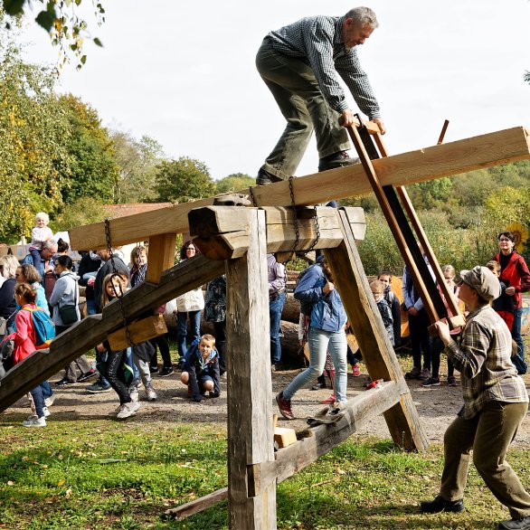 Deux scieurs démontrent leur savoir-faire aux visiteurs de l'Écomusée d'Alsace