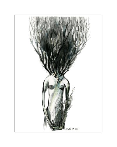 Une femme nue avec une forêt de branchage sur la tête