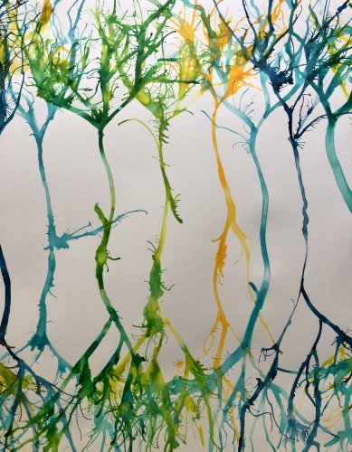 Peinture à l'encre jaune, bleu, verte et noire représentant des près de 7 arbres avec des racines et leur branches