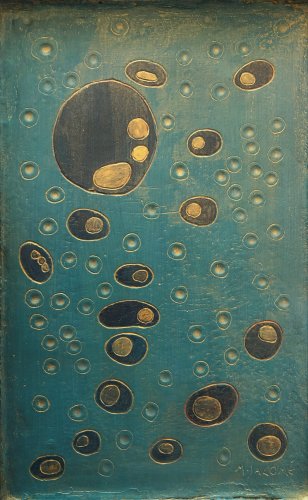 Peinture fond bleu avec bulles jaunes de différentes grandeurs représentant des perles d'oxygène de cellules anguines