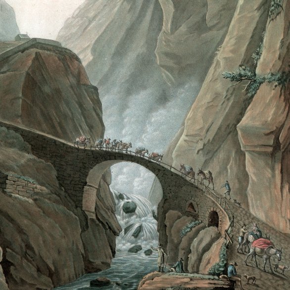 Das Werk «Victori Pacifico (Teufelsbrücke)» (1788), gemalt von Charles-Melchior Descourtis nach Caspar Wolf, das eine Brücke mit einem Menschenzug zeigt