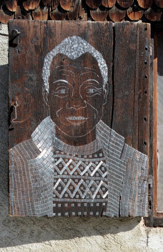Sasha Huber (*1975). The Firsts - James Baldwin (1924-1987), 2018 Staples on shutters at Berg Hüsli, Leukerbad, Switzerland, 49 x 69 cm, private collection Photograph: Siro Micheroli
