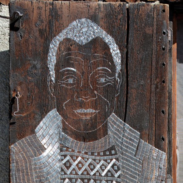 Sasha Huber (*1975). The Firsts - James Baldwin (1924-1987), 2018 Staples on shutters at Berg Hüsli, Leukerbad, Switzerland, 49 x 69 cm, private collection Photograph: Siro Micheroli