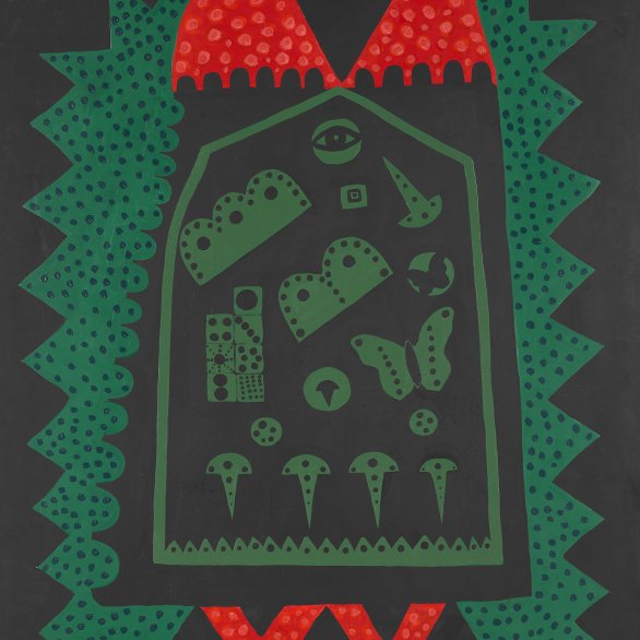 Ulrike Ottinger Maison clouée du papillon 1965 Staatsgalerie Stuttgart Erworben 2021 aus Mitteln der Museumsstiftung Baden-Württemberg © Ulrike Ottinger Grafik mit verschiedenen Objekten