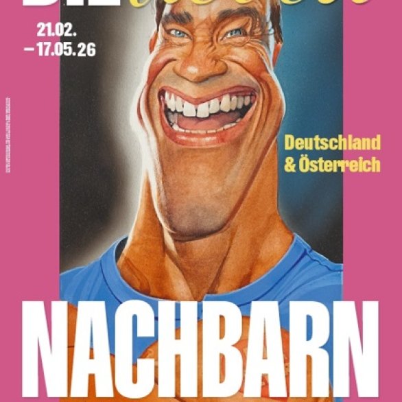Erich Sokol, Arnold Schwarzenegger, 1993, Aquarell, Acryl, Tusche, Bleistift, Sprühlack auf Karton, Inv.Nr. KS-11033, Landessammlungen NÖ © Annemarie Sokol Ausstellungsplakat, Gestaltung: Studio Aufbruch