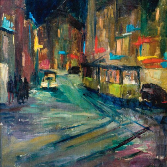 Hans Bucher, Eberhardstraße in Stuttgart bei Nacht, 1952, Öl auf Papier, 104 x 68 cm. © Hans Bucher Stiftung, Fridingen.