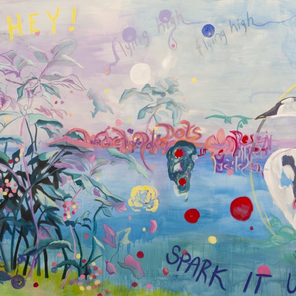 Charlotte Eschenlohr / Maureen Jeram,  Swanlake, 2023, Mixed  Media auf Leinwand,  215 × 400 cm. Foto: Florian Hubalek.